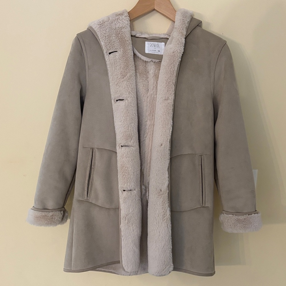 Zara Beige Hooded Coat with Faux Fur Trim